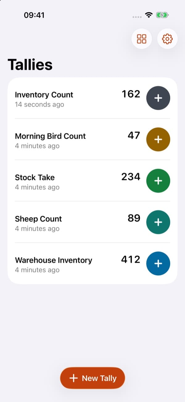 The Tallies list: every tally with its count and a + button to count without opening it.