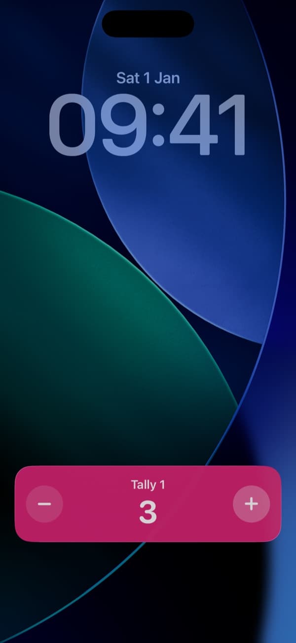 A Live Activity on the Lock Screen with + and − buttons.