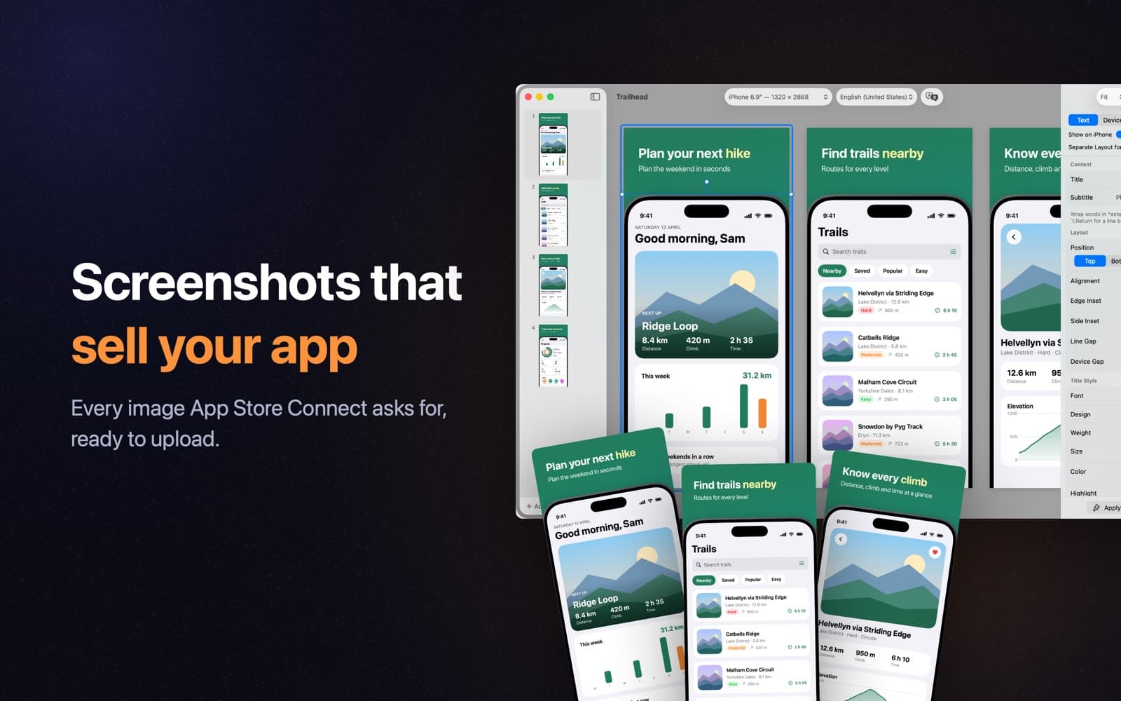 Screenshots that sell your app. Every image App Store Connect asks for, ready to upload.